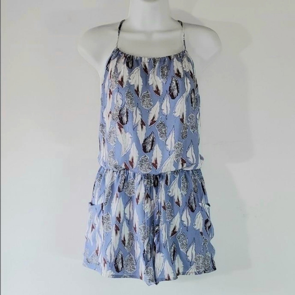 Darah Dahl Sze S Romper Periwinkle Blue White Feathers Drawstring Halter Pockets